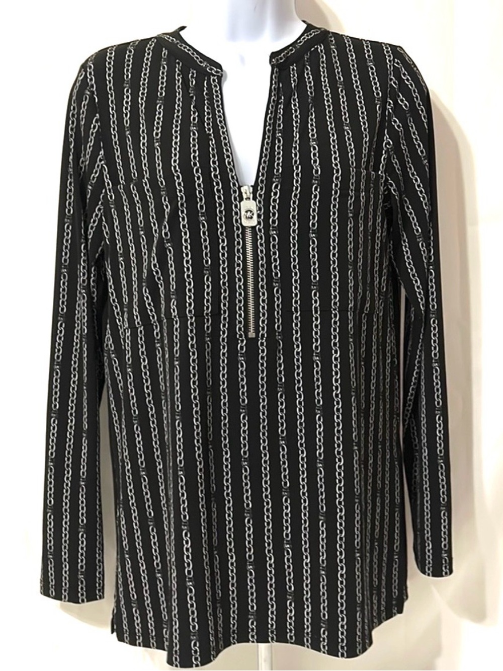Michael Kors Women’s Size Small Black Silver Chain Logo Pattern Designer Blouse
